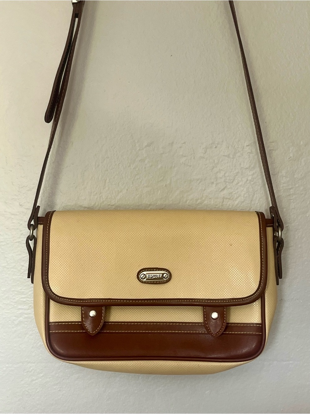 Vintage Y2K 90s Esprit cream brown faux leather crossbody bag purse academia